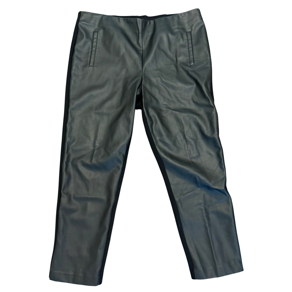 Chicos Faux Leather Front Ponte Back Ankle Pants Black Elastic Waist Size 3‎ XL